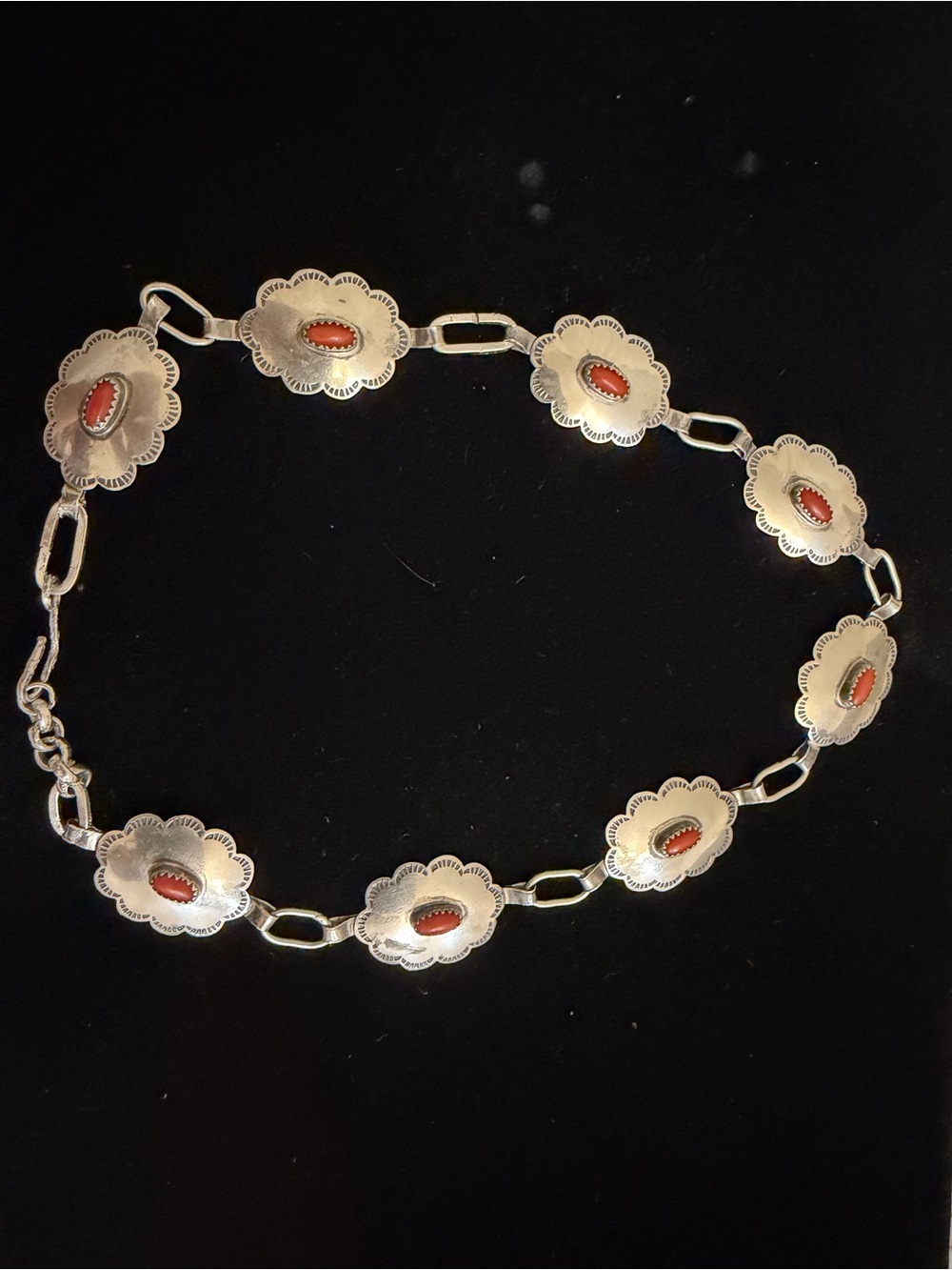 Rare Vintage Navajo Sterling Silver and Red Coral Concho Link Necklace - Picture 13 of 15
